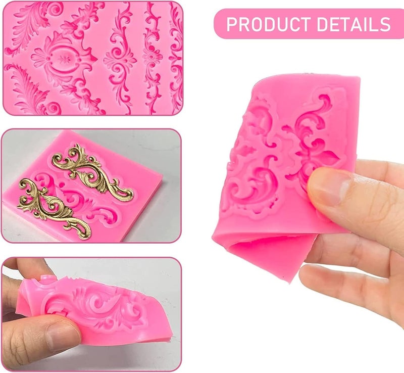 Pofflujent 5 Pcs Baroque Silicone Molds Baroque Style Curlicues Scroll Lace Fondant Silicone Mold Scroll silicone Baroque Mold Relief Flower Lace Mould for Wedding Birthday Cake Decoration - Image 5
